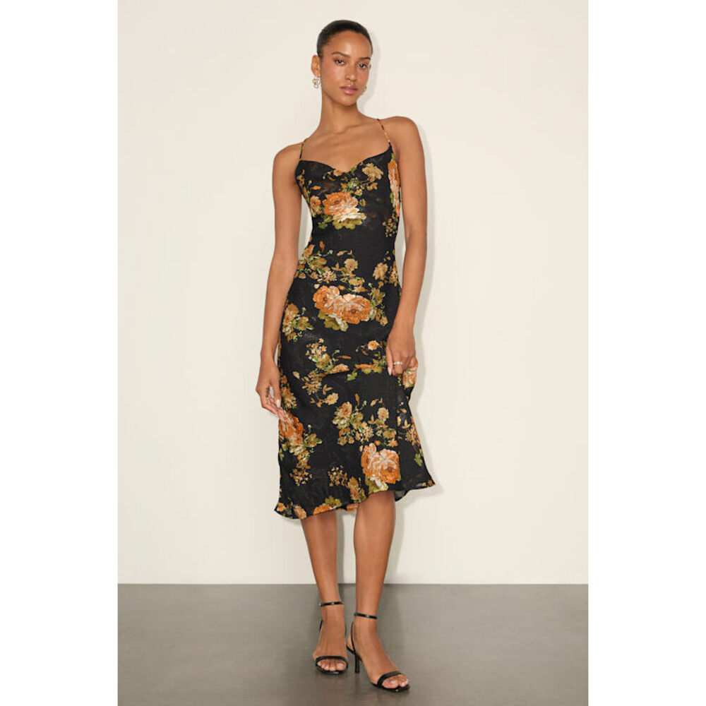 Lulus Petal Prowess Black Floral Print Lace-up Cowl Midi Dress - Size L